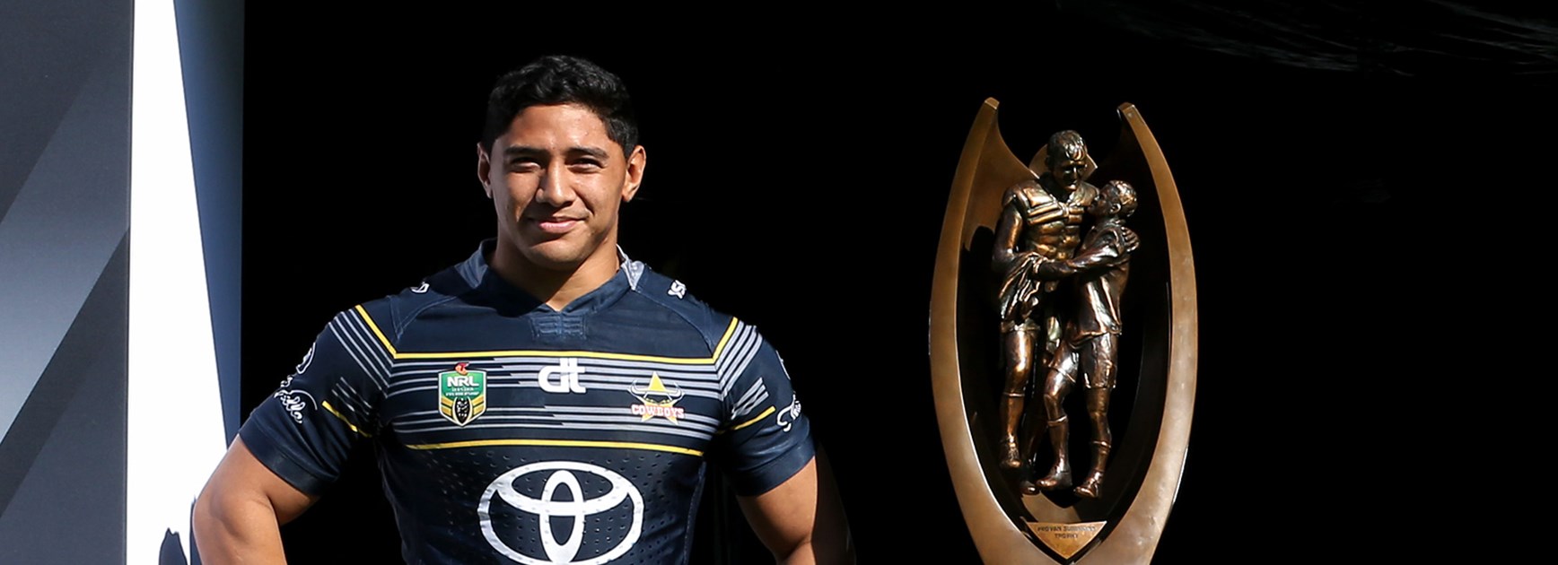 North Queensland's Jason Taumalolo and the NRL Telstra Premiership trophy.