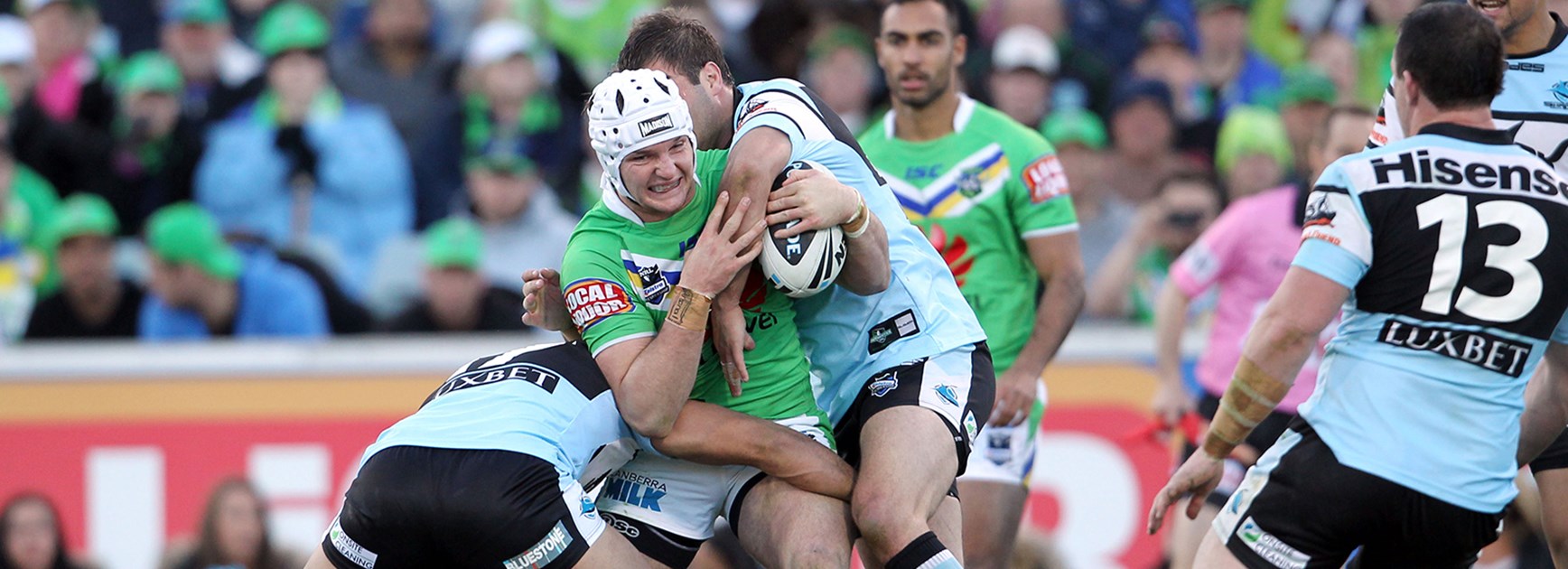 Raiders centre Jarrod Croker is tackled in the 2012 elimination final against Cronulla at Canberra Stadium.