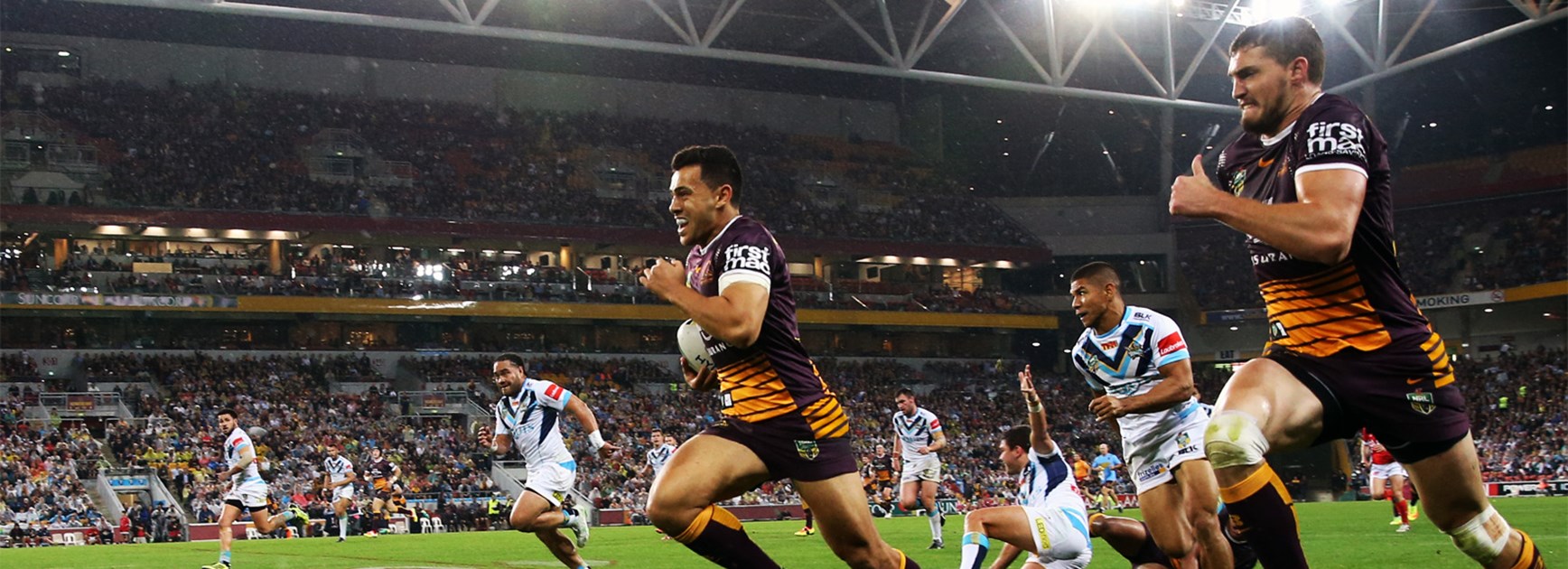 Jordan Kahu breaks clear for the Broncos against the Titans on Friday night.