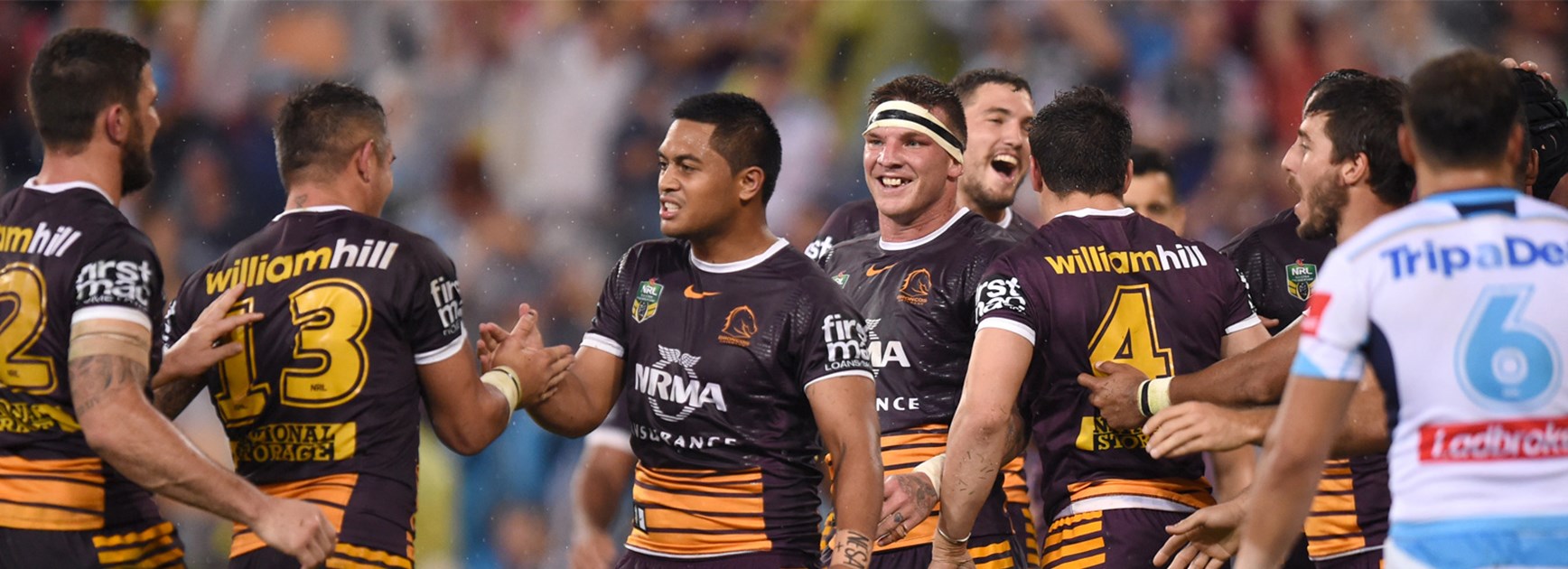 The Broncos celebrate their win over the Titans in the opening week of the finals series.