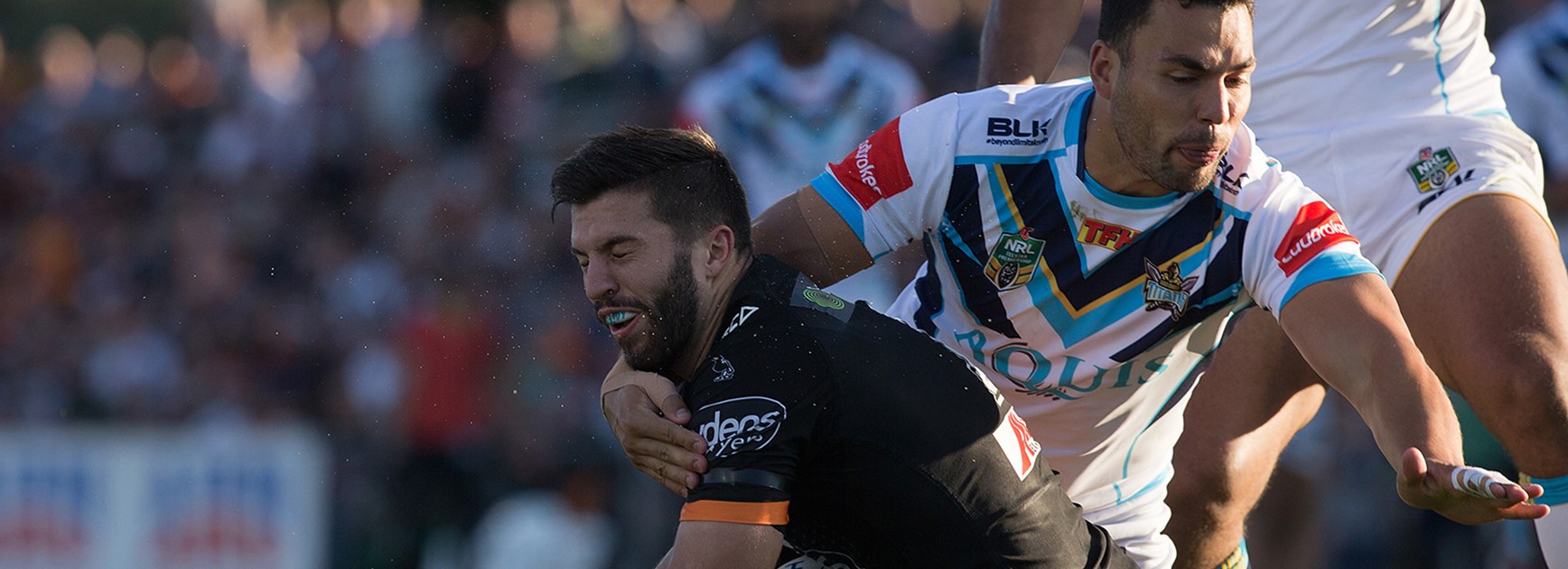 Wests Tigers fullback James Tedesco was collected high by Titans forward Ryan James in Round 23.