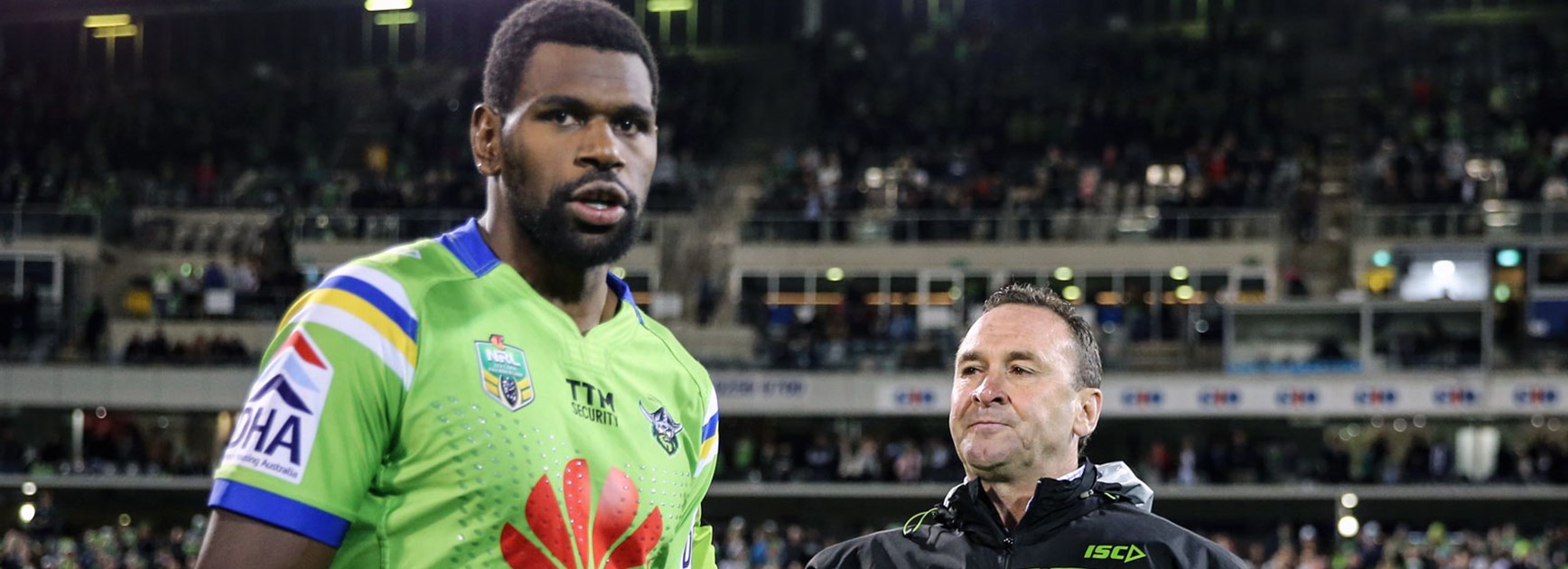 Edrick Lee and Ricky Stuart following the Raiders' win over the Panthers.