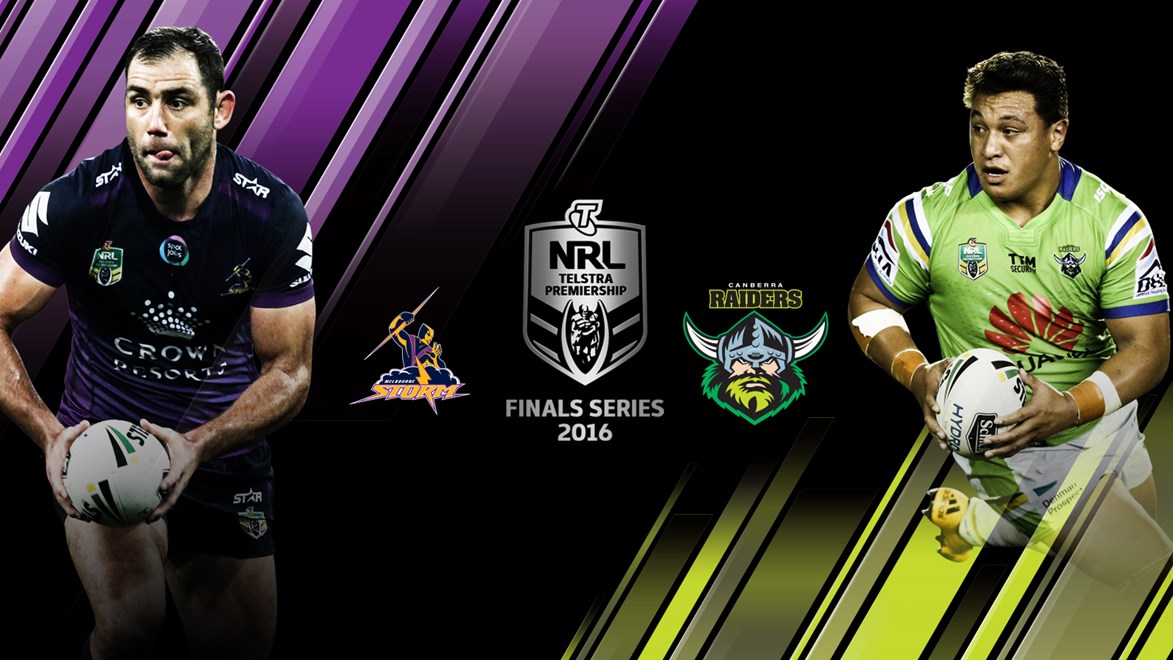 Melbourne Storm and Canberra Raiders face off in an NRL Telstra Premiership Preliminary Final.