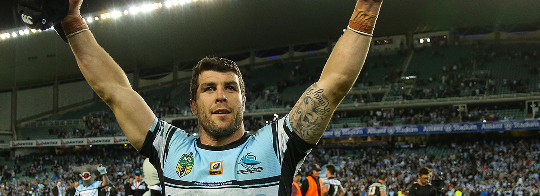 Michael Ennis celebrates the Sharks preliminary final win, his final game will be the 2016 NRL Grand Final.