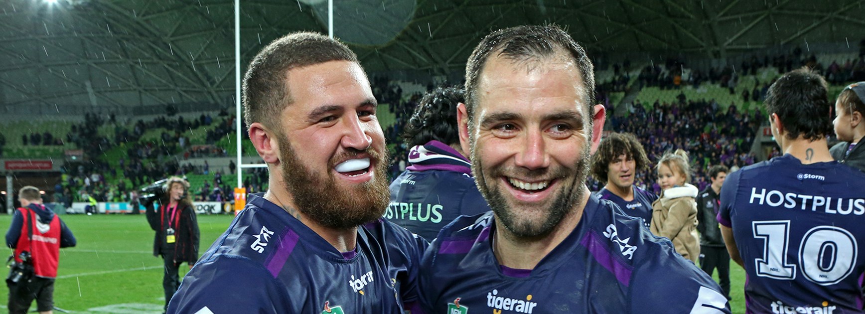Melbourne Storm's Kenny Bromwich and Cameron Smith after their preliminary final win over Canberra.