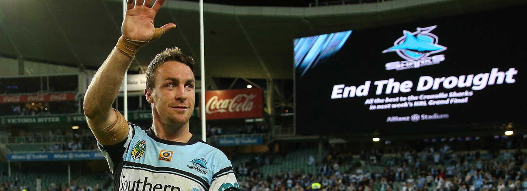 Cronulla Sharks five-eighth James Maloney salutes the crowd after his side's Preliminary Final win over the Cowboys.