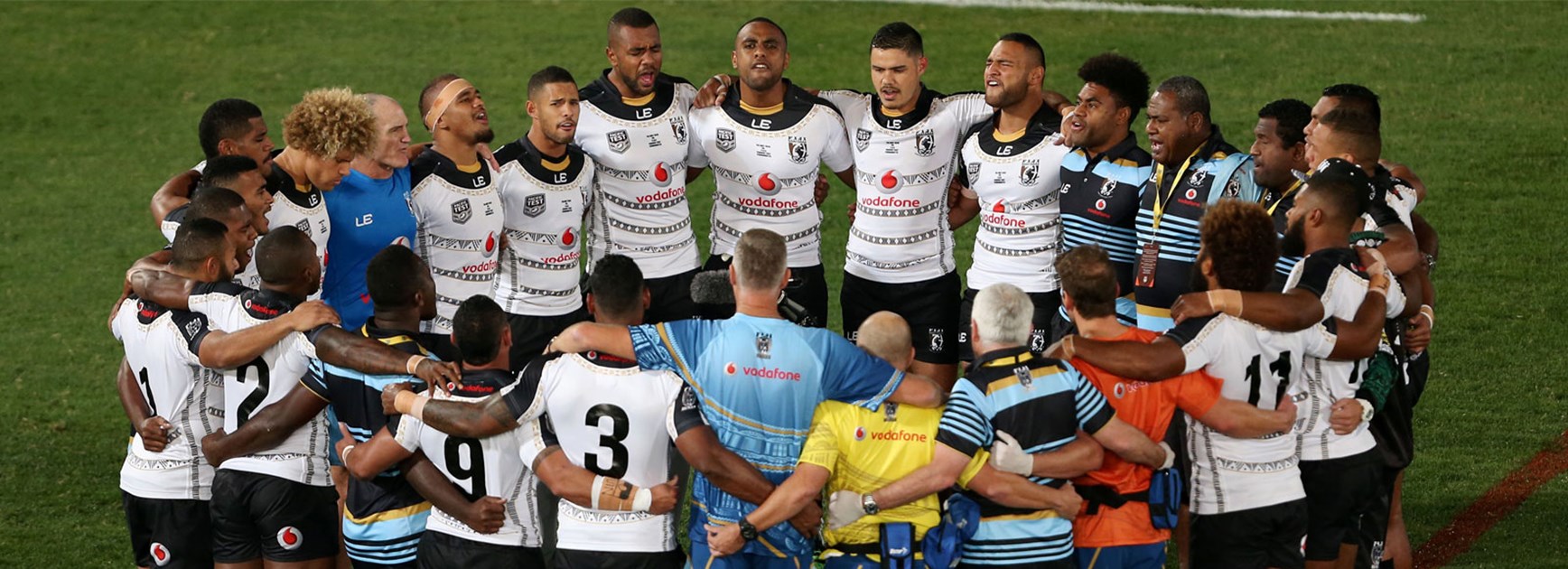 The Fiji team sings their pre-game hymn before their clash with Papua New Guinea on Saturday.