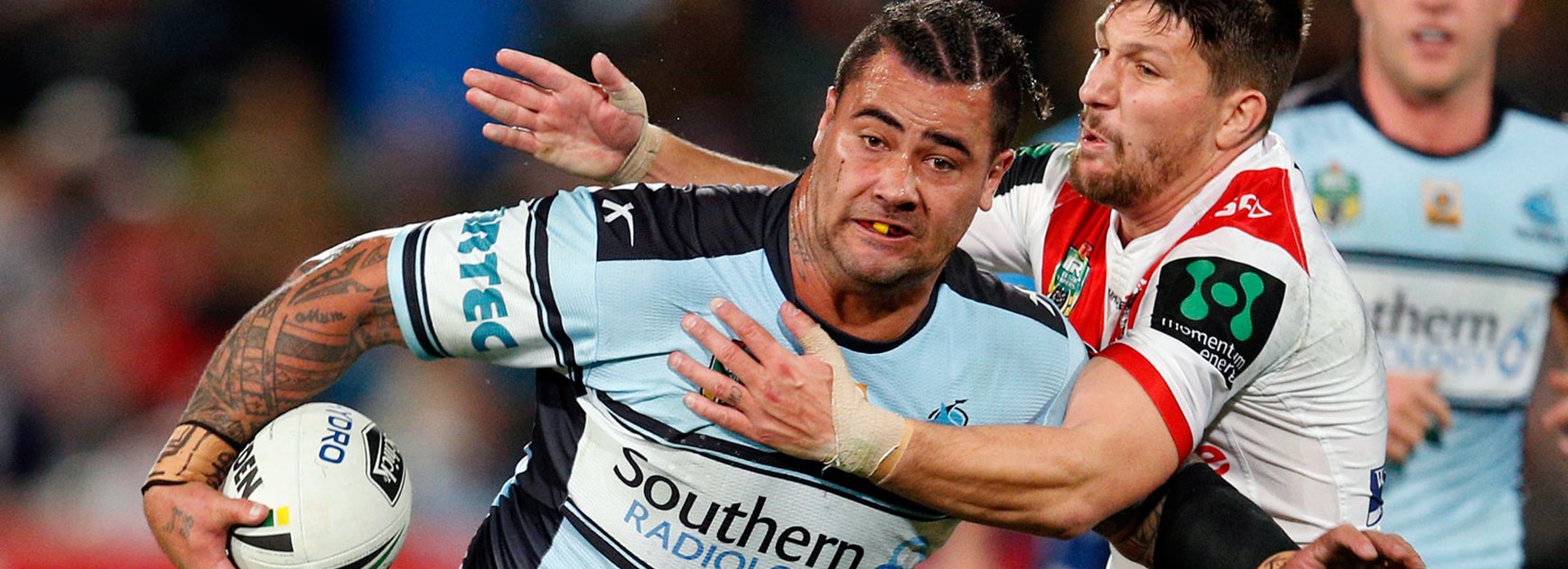 Sharks prop Andrew Fifita against the Dragons in Round 23.