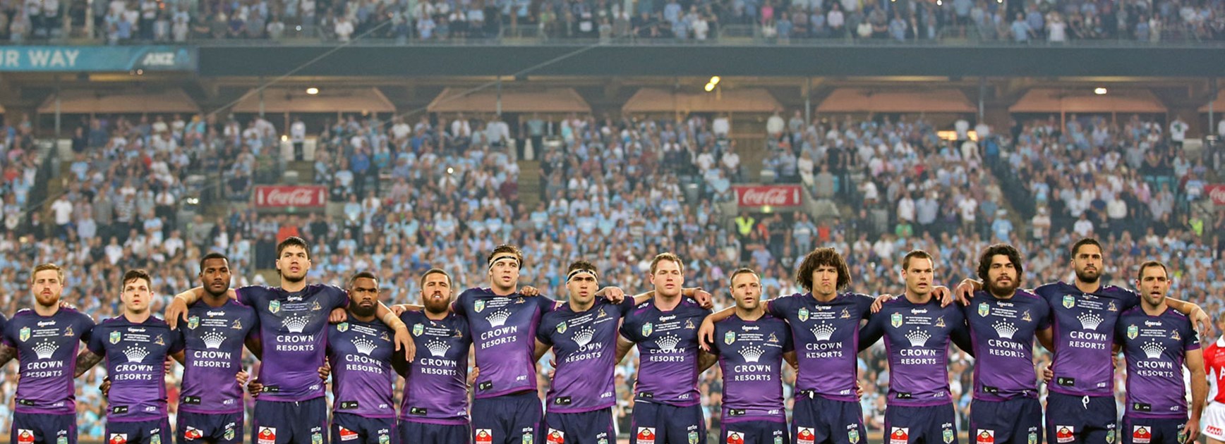 Storm players just prior to kick-off in the 2016 NRL Telstra Premiership Grand Final.