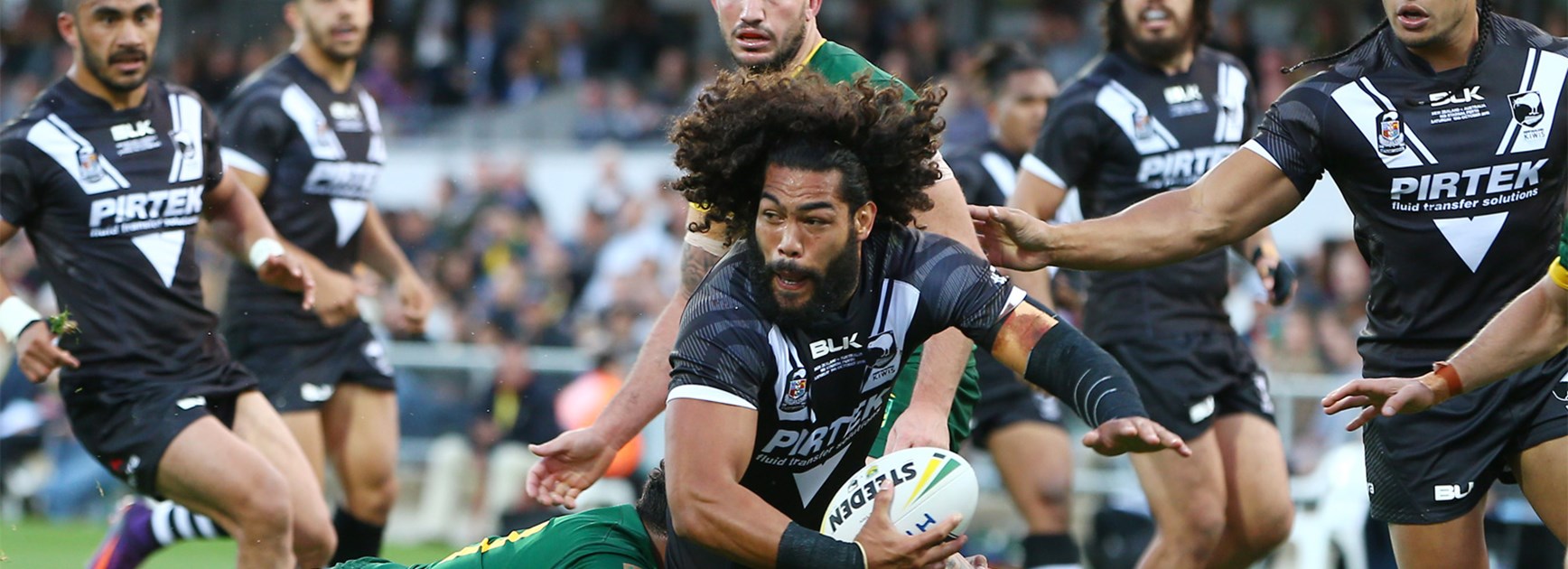 New Zealand prop Adam Blair is tackled during the Kiwis' clash with Australia in Perth.