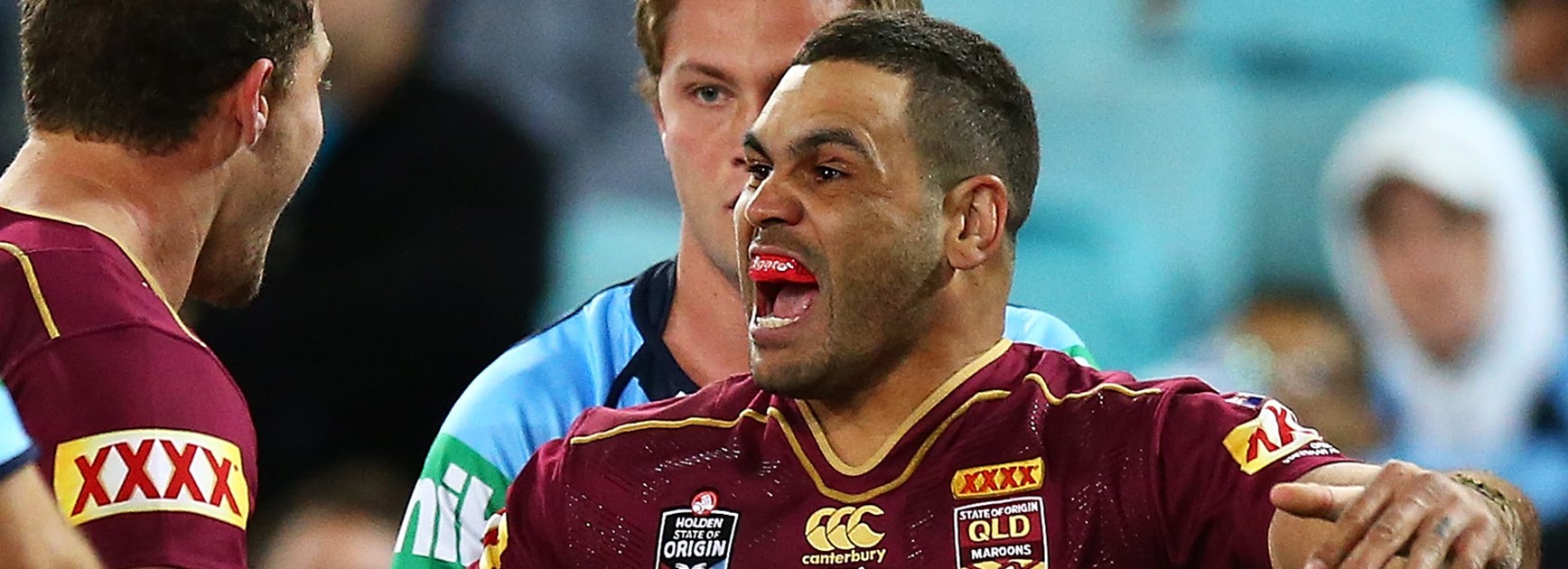Greg Inglis celebrates his try against NSW in State of Origin at ANZ Stadium.