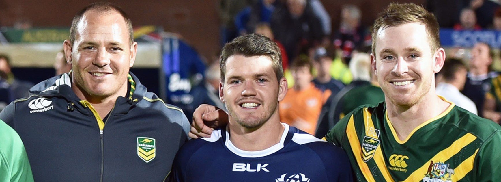 Scotland and North Queensland fullback Lachlan Coote with Matt Scott and Michael Morgan.