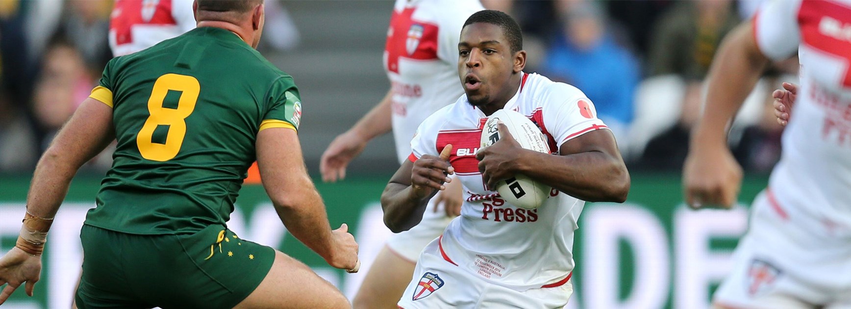 Jermaine McGillvary in action for England against Australia at the Four Nations.