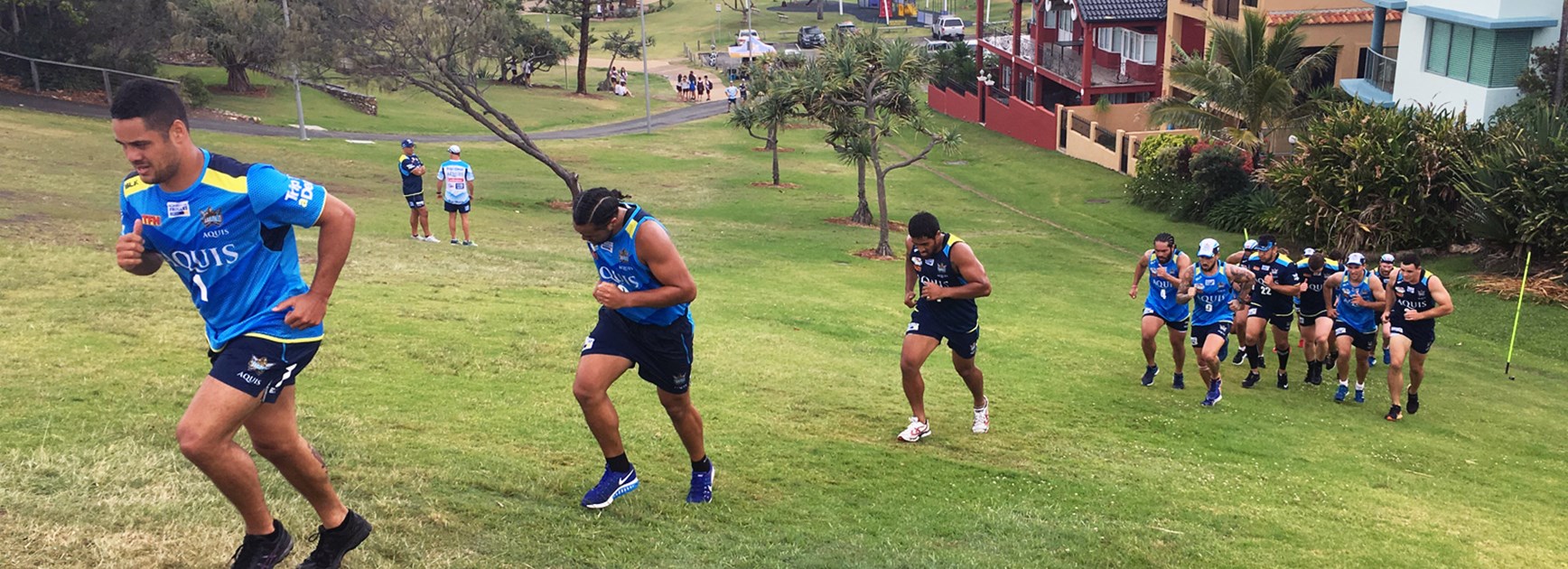 Jarryd Hayne leads the pack at Gold Coast Titans training.