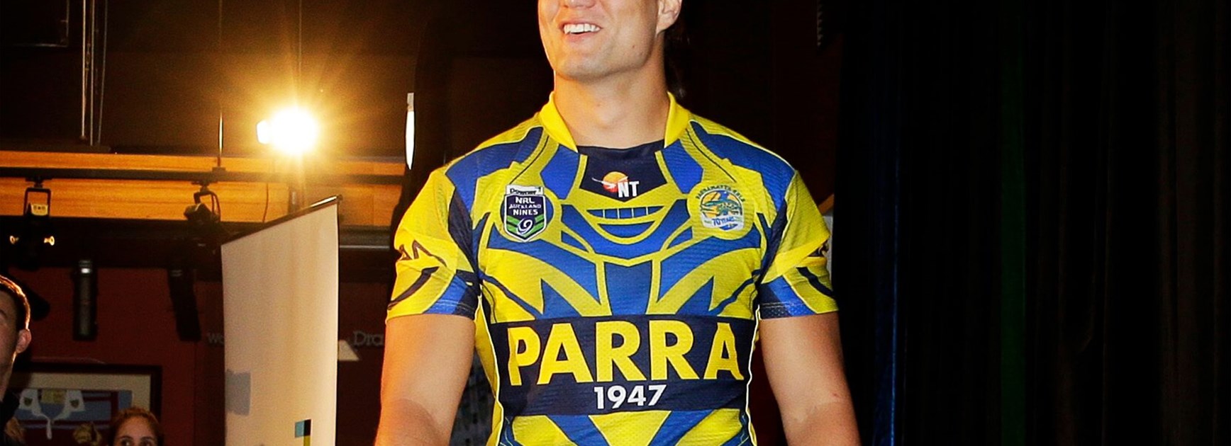 Tepai Moeroa at the 2017 Downer NRL Auckland Nines jersey launch.