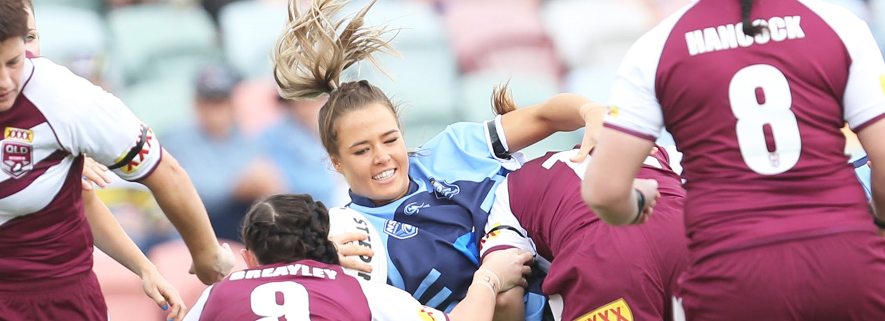 New Jillaroos Nines player Isabelle Kelly in action for NSW in last year's Interstate Challenge against Queensland.
