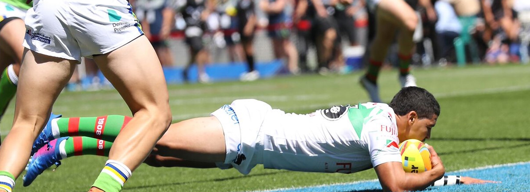 Cody Walker scores for the Rabbitohs against Canberra at the Auckland Nines.