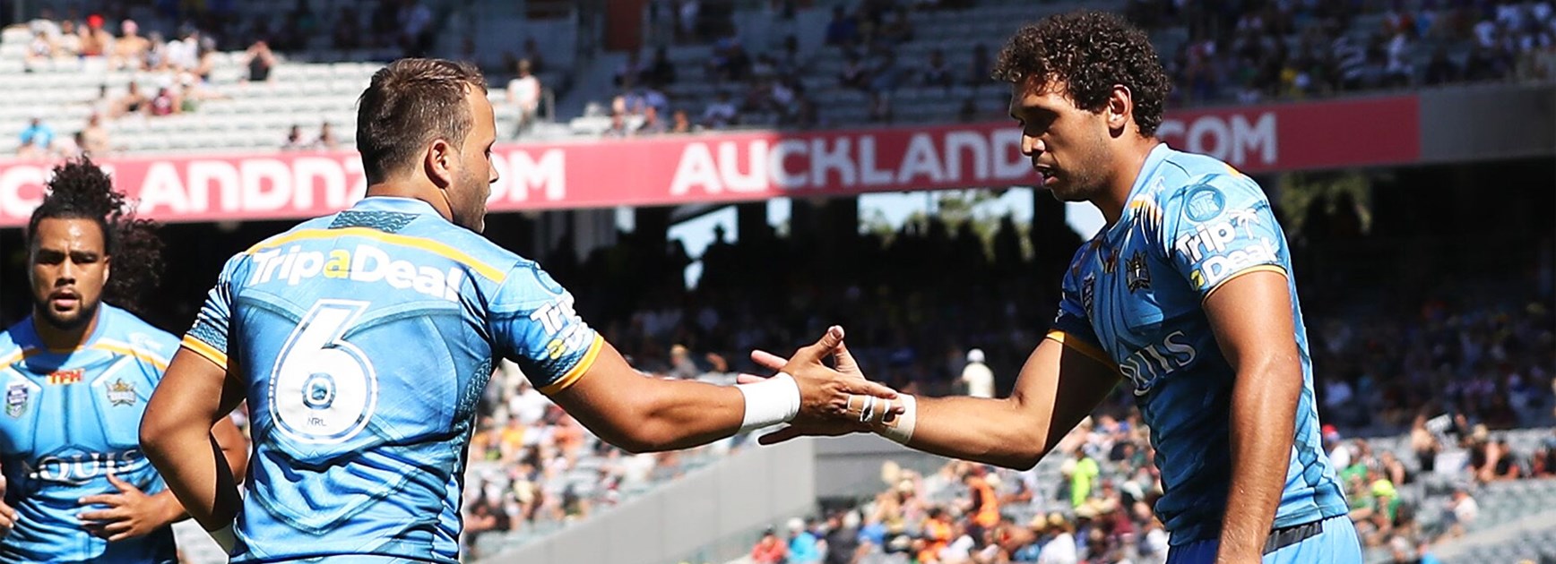 Titans teammates and cousins Tyrone Roberts and Tyronne Roberts-Davis celebrate a try at the Auckland Nines.