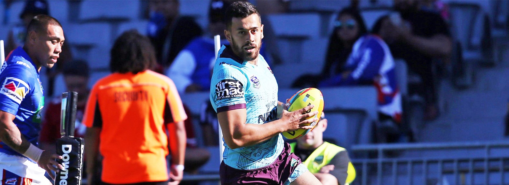 Jordan Kahu scored a hat-trick on the left wing against Newcastle at the Auckland Nines.