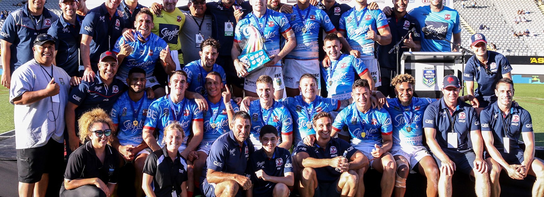 2017 Downer NRL Auckland Nines champions the Sydney Roosters.