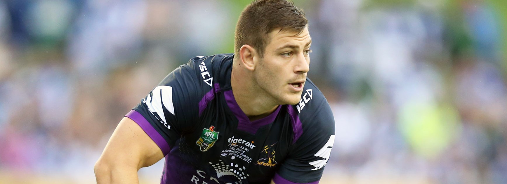 Storm five-eighth Ryley Jacks in his NRL debut against the Bulldogs.