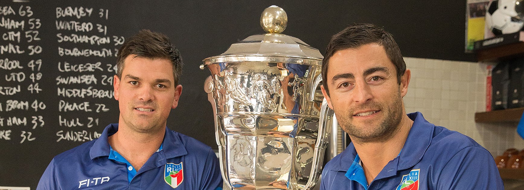 Italy head coach Cameron Ciraldo and assistant coach Anthony Minichiello with the Paul Barrière Trophy.