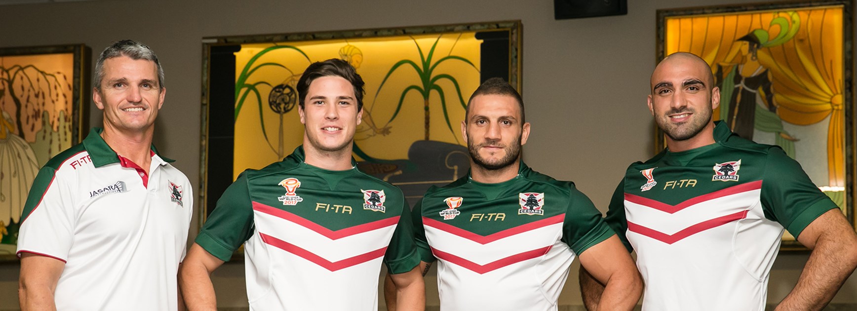 Lebanon coach Ivan Cleary with players Mitchell Moses, Robbie Farah and Tim Mannah.