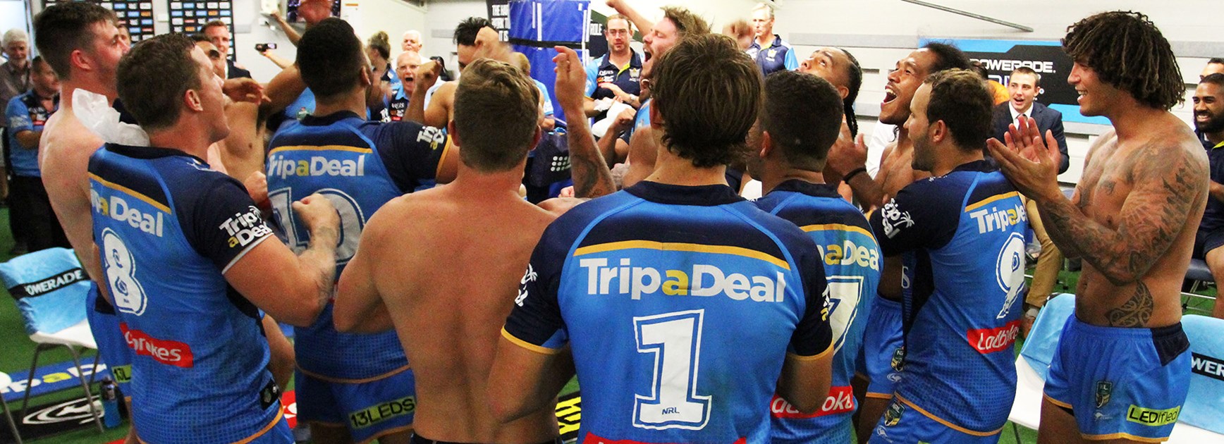 The Gold Coast Titans sing the team song after beating the Eels in Round 3.