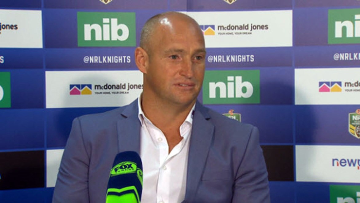 Knights coach Nathan Brown at the post-match press conference after the loss to the Rabbitohs.