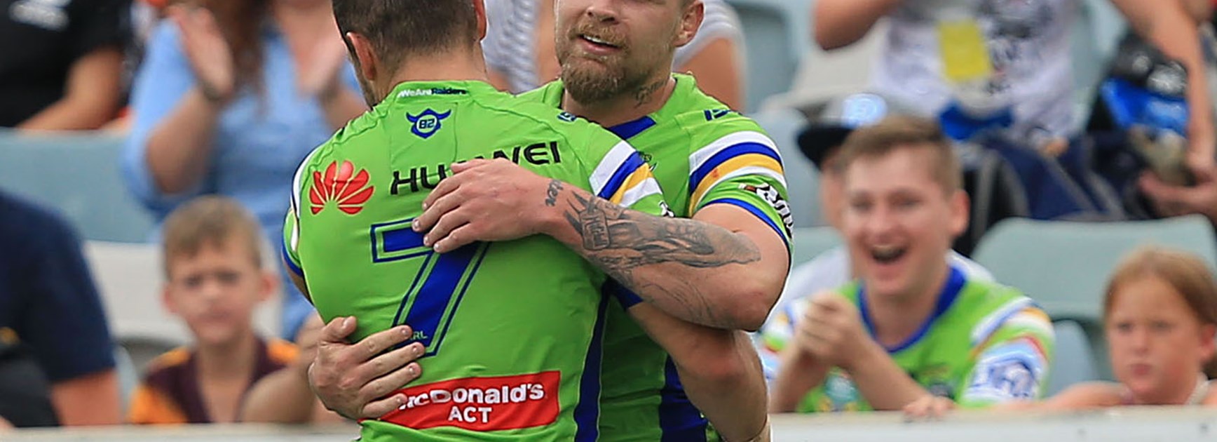 Blake Austin celebrates another Canberra try against the Wests Tigers in Round 3.