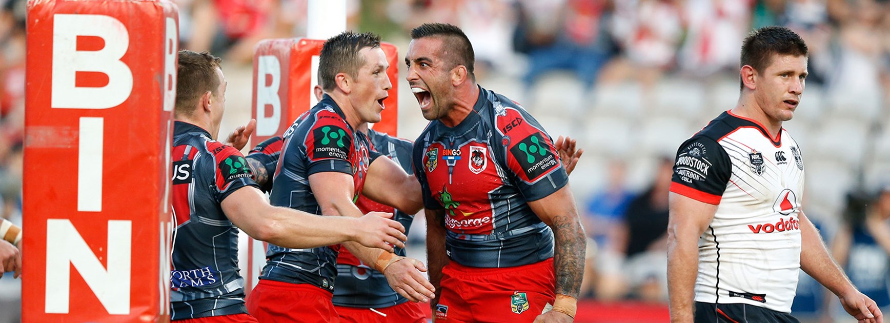 Paul Vaughan celebrates his try against the Warriors in Round 4.