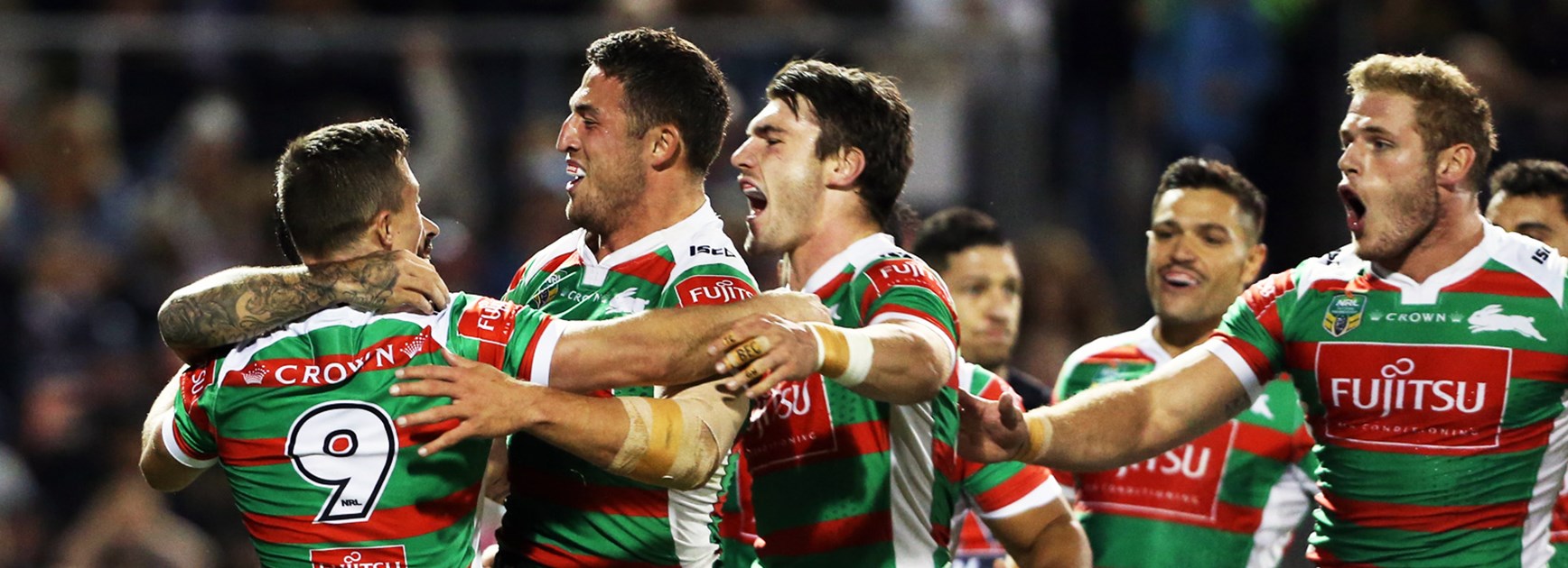 The Rabbitohs celebrate Sam Burgess's try against Penrith on Friday.