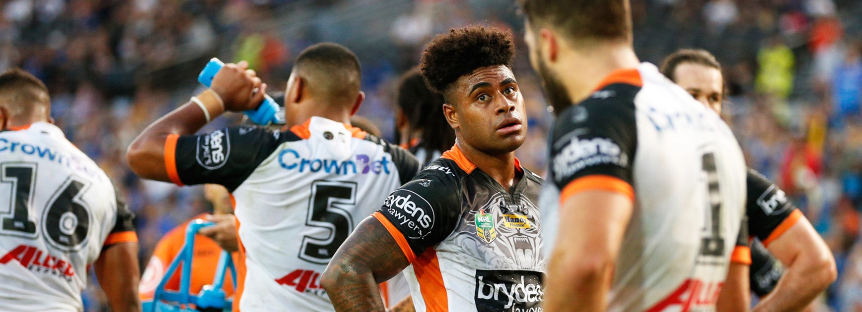 Kevin Naiqama and the Wests Tigers during their narrow Round 7 loss to Parramatta/
