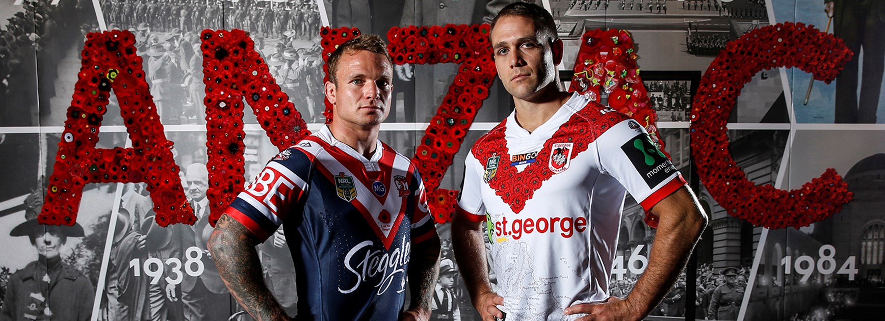 Roosters hooker Jake Friend and Dragons winger Jason Nightingale ahead of the 2017 Anzac Day match.