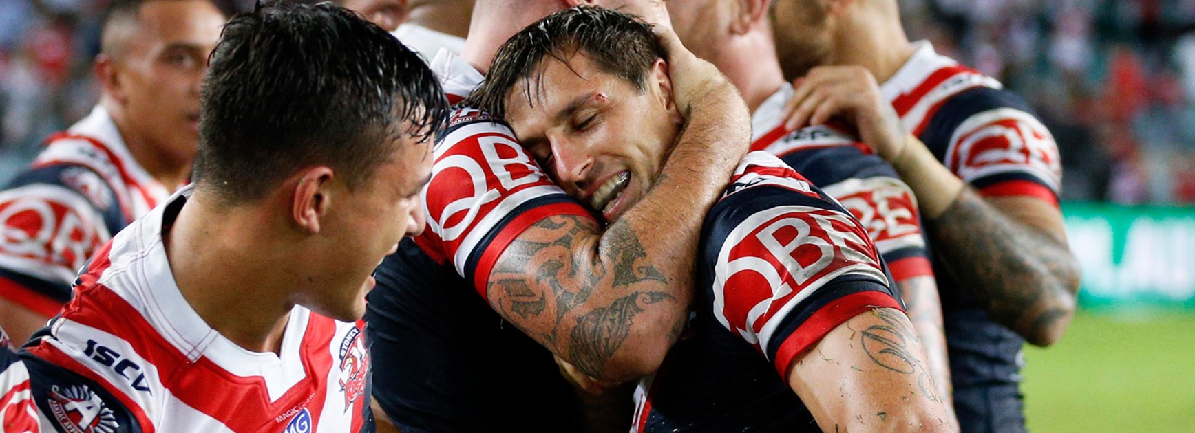 Mitchell Pearce after kicking the match-winning field goal for the Roosters against the Dragons on Anzac Day.
