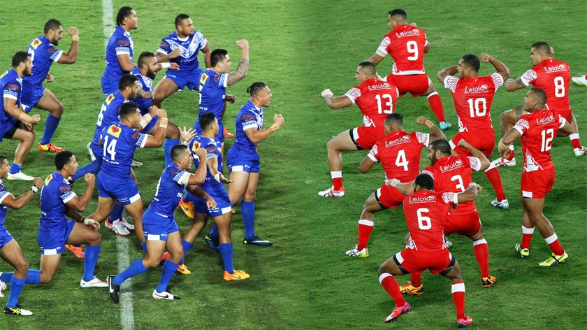 Samoa and Tonga face off with rival war dances.
