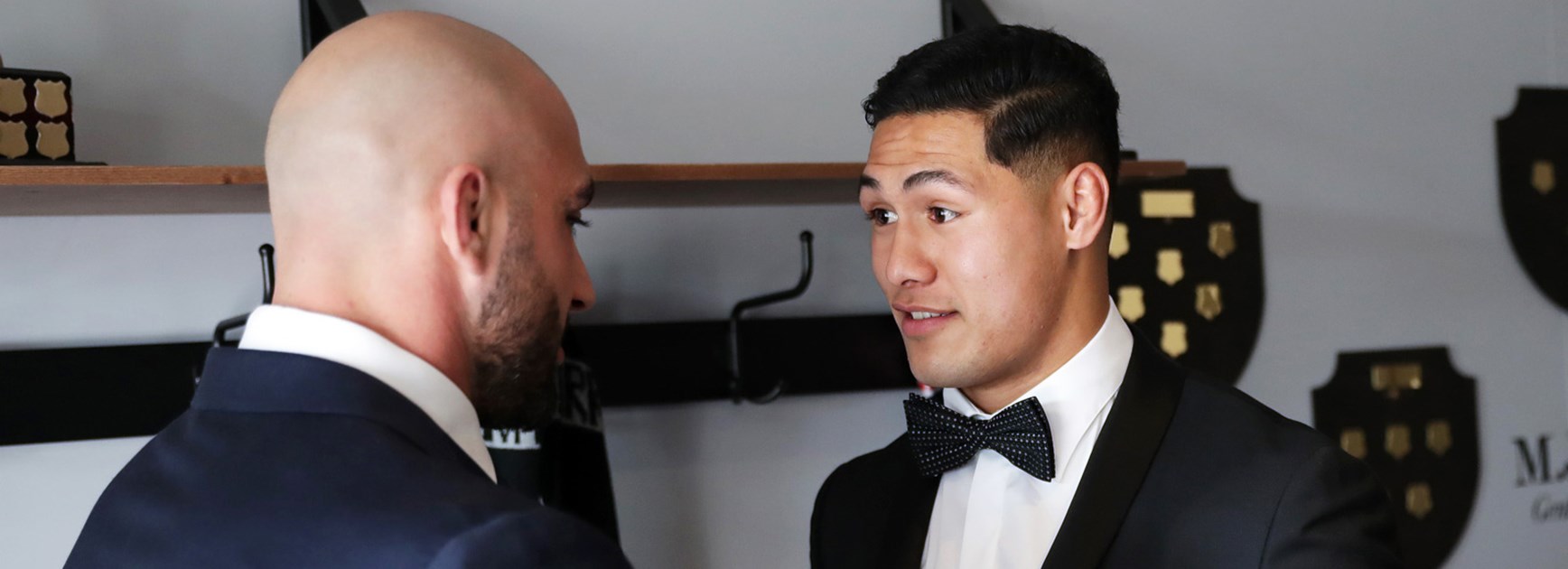 Tim Mannah and Roger Tuivasa-Sheck get ready for the Dally M Awards night.