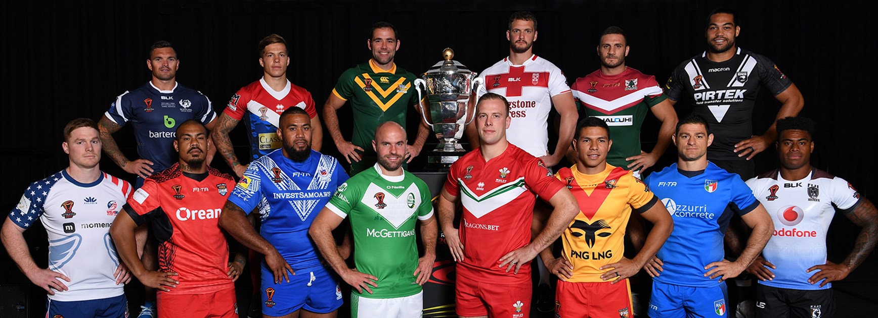 Members of the 14 competing nations at the 2017 Rugby League World Cup launch in Brisbane.