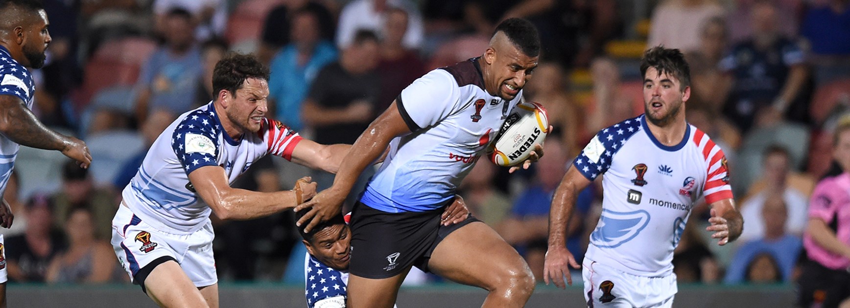 Fiji's Ben Nakubuwai in action against USA.