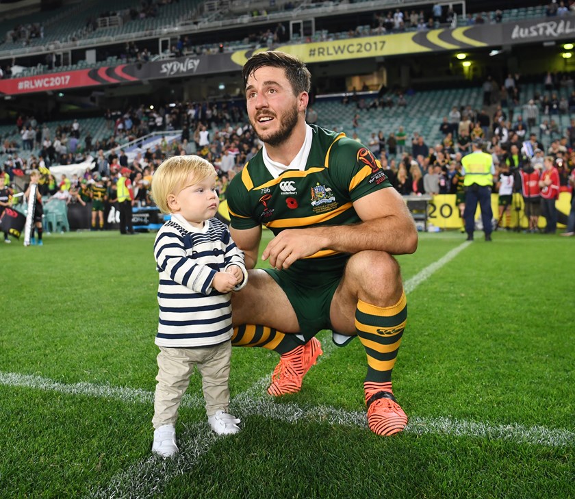 Ben Hunt and son Brady after Australia's World Cup match against Lebanon.