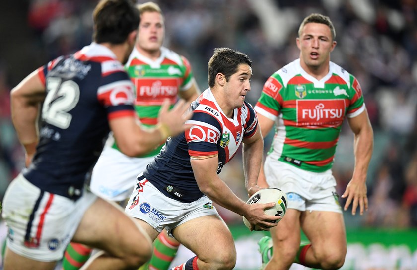 Roosters youngster Nat Butcher takes on the Rabbitohs' defence.