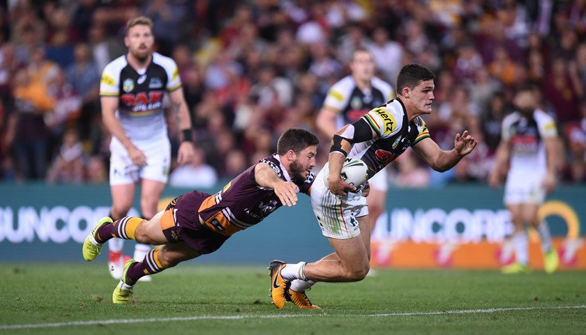 Panthers No.7 Nathan Cleary takes on the Broncos.