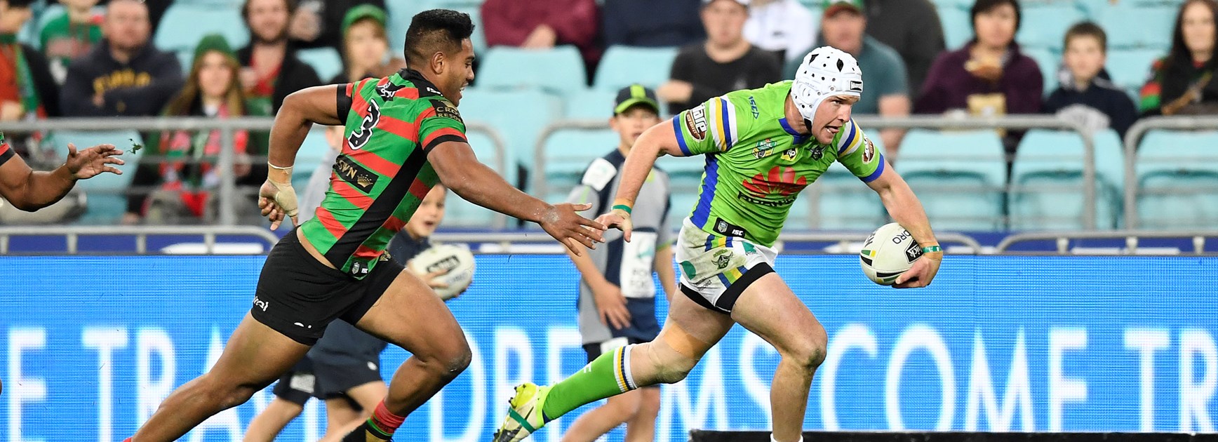 Canberra Raiders centre Jarrod Croker takes on the South Sydney defence.