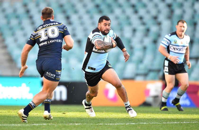 Cronulla prop Andrew Fifita takes on the Cowboys defence.