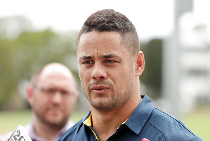 Jarryd Hayne answers questions from the media scrum at Eels training.