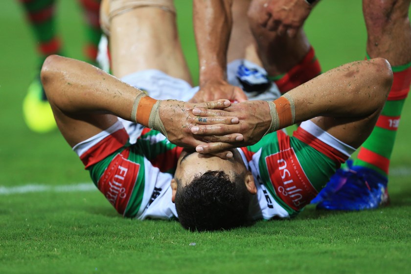 South Sydney star Greg Inglis after injuring his knee against Wests Tigers.