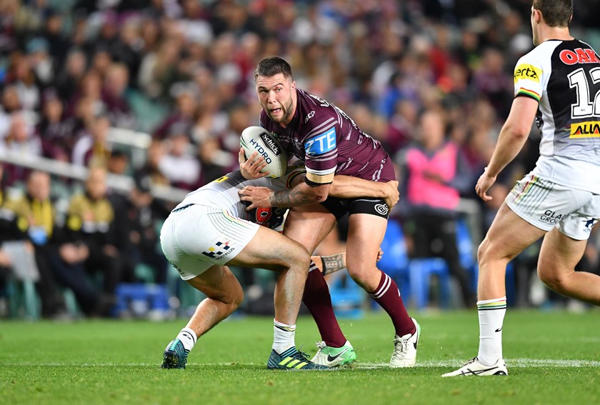 Manly back-rower Curtis Sironen takes on the Penrith defence.