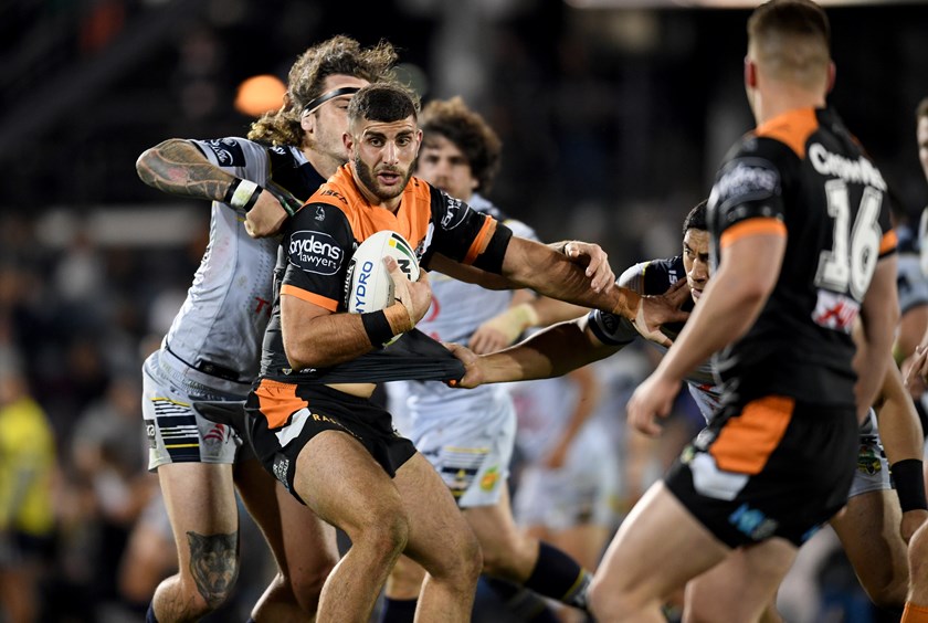 Wests Tigers prop Alex Twal carts the ball up the field.