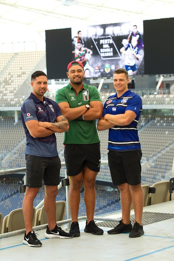 Warriors recruit Gerard Beale, South Sydney forward Zane Musgrove and Canterbury centre Kerrod Holland check out the new stadium in Perth.