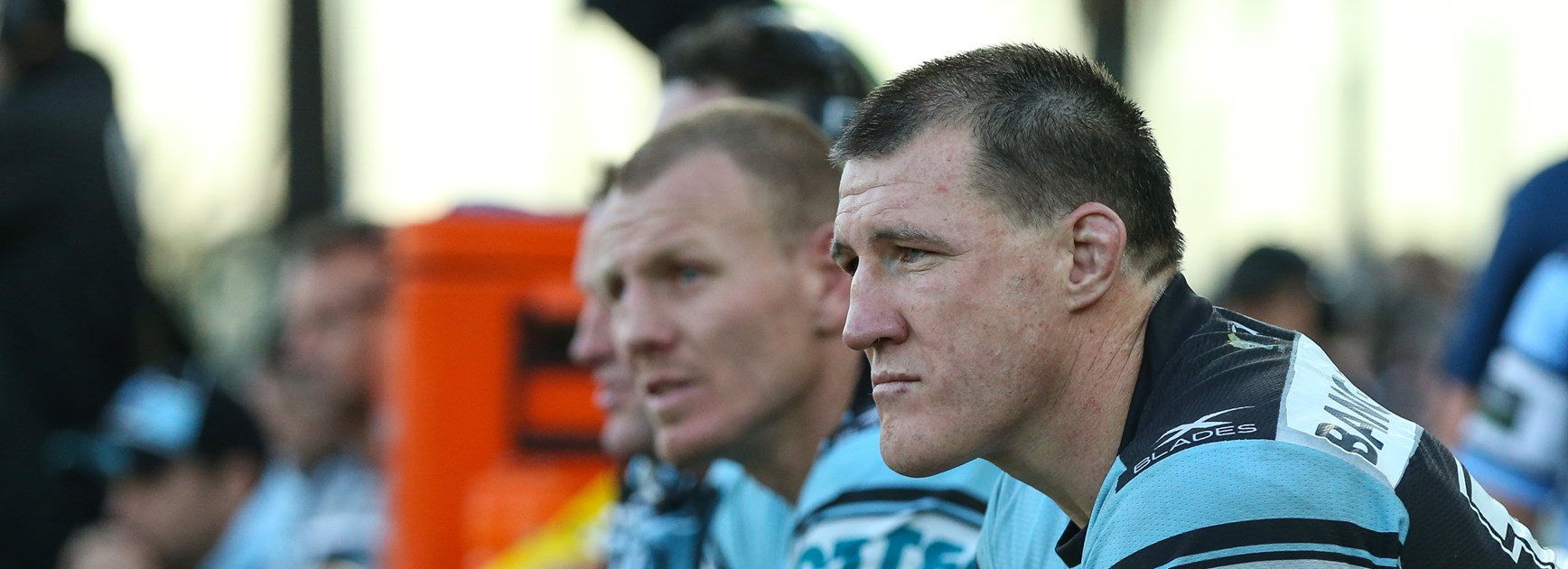 Paul Gallen and Luke Lewis on the Sharks bench.